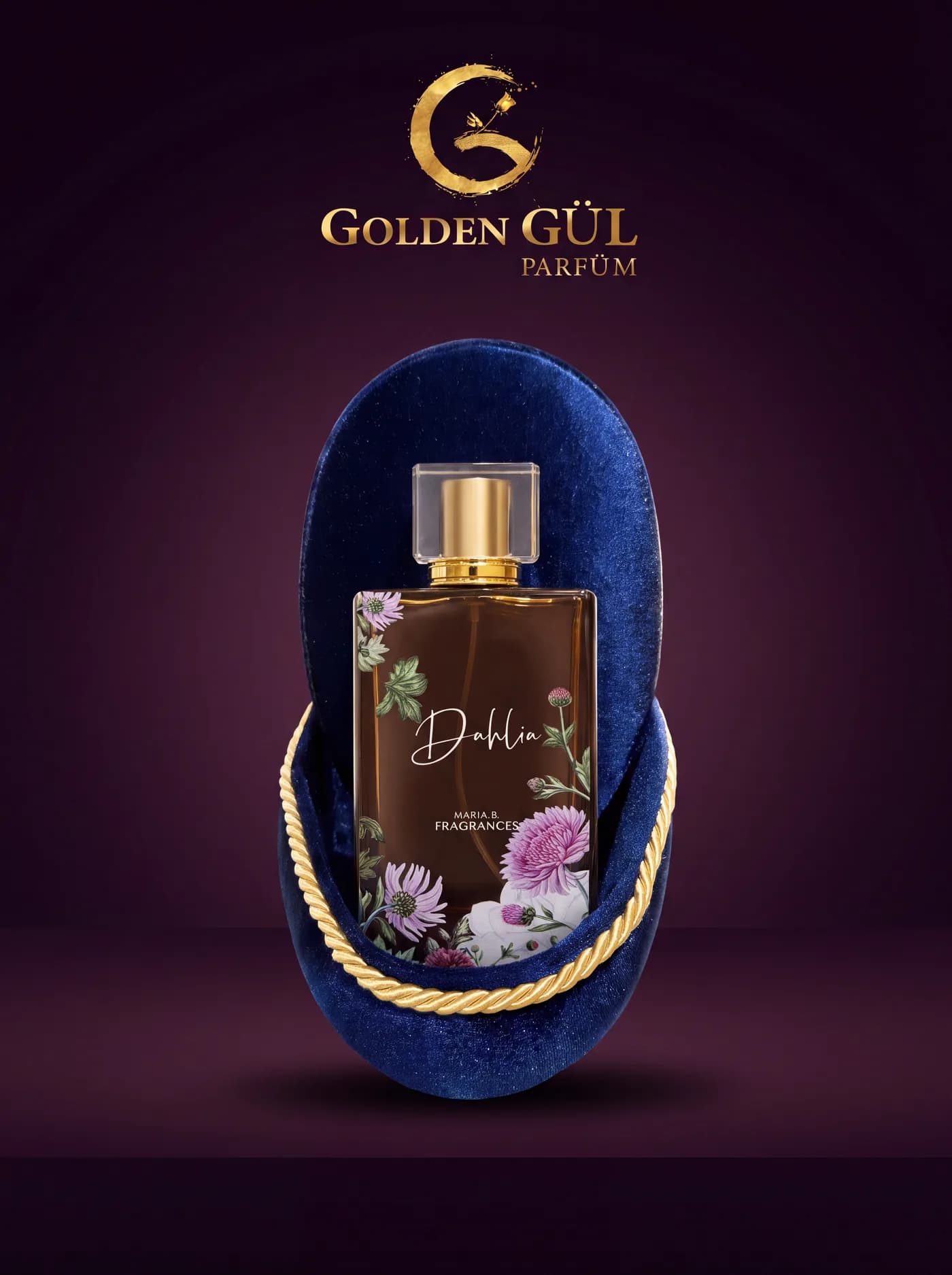 Golden Gül imza parfüm şişesi, kadife kese içinde